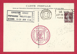 !!! CARTE POSTALE DE L'EXPOSITION DE PROPAGANDE PHILATÉLIQUE DE BÉZIERS DE JUIN 1936, AVEC PUBLICITÉ - Philatelic Fairs