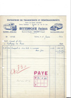 Facture Illustrée (camion) 1961 / ,88 GOLBEY / BETTINGER Transports Déménagements - Verkehr & Transport