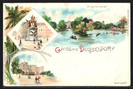 Lithographie Düsseldorf, Königliche Kunst-Akademie, Am Schwanspiegel, Kaiser Wilhelm I.  - Duesseldorf