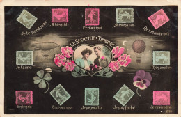 COUPLES - Le Secret Des Timbres - Pardon - A Bientôt - Ecrivez Moi - Mes Amitiés - Entendu - Carte Postale Ancienne - Couples