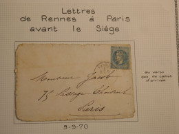 DO 5  LETTRE AVANT SIEGE JUSTE AVANT  9 9 1870  RENNES A  PARIS   ++ AFF. INTERESSANT++   + - 1849-1876: Klassik