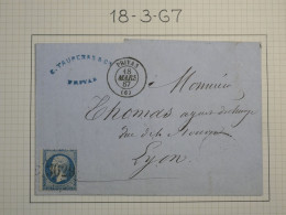 DO 5 FRANCE   BELLE  LETTRE   1867 Privas A Lyon +N°22 DENTELURE MOINDRE TIMBRE CARRé+    + AFF. INTERESSANT++ - 1849-1876: Klassik