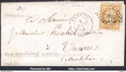 FRANCE N°13A SUR LETTRE PC 2603 QUESTEMBERT MORBIHAN + CURSIVE + CAD DE VANNES DU 05/08/1854 - 1853-1860 Napoléon III.