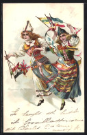 Lithographie Flaggentanz Der Schweden, Tracht  - Danza