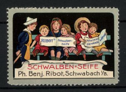 Reklamemarke Schwalben-Seife - Schwimmt, Wäscht Und Bleicht, Ph. Benj. Ribot, Schwabach, Singende Kinder  - Vignetten (Erinnophilie)