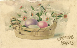 Carte Gaufrée Joyeuses Paques Panier D'Oeufs Et De Jonquilles RV - Easter