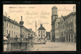 AK Weilheim / Obb., Brunnen Und Geschäfte Am Hauptplatz  - Weilheim