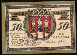 Notgeld Langensalza 1921, Kavallerist Aus Dem Jahre 1866, Ortswappen  - [11] Emissions Locales