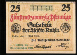 Notgeld Ruhla 1920, 25 Pfennig, Ortspanorama, Wappen  - [11] Local Banknote Issues
