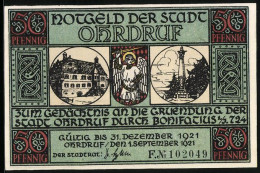 Notgeld Ohrdruf 1921, 50 Pfennig, Ortsansicht Mit Dem Thüringischen Candelaber, 1813  - Lokale Ausgaben