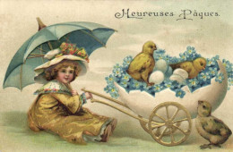 Carte Gaufrée Heureuses Paques Fillette Sous Un Parapluie Poussant Une Poussette Avec Oeufs Poussins Myositis RV - Easter