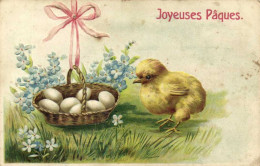Carte Gaufrée Joyeuses  Paques Poussin Panier D'Oeufs Myosotis   RV - Easter
