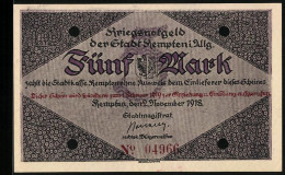 Notgeld Kempten /Allg. 1918, 5 Mark, Kontroll-Nr. 04966  - [11] Local Banknote Issues
