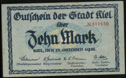 Notgeld Kiel 1918, 10 Mark, Blick Auf Das Rathaus  - Lokale Ausgaben