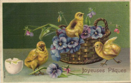 Carte Gaufrée Joyeuses  Paques  Poussins Panier Pensées    RV - Easter