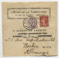 FRANCE SEMEUSE 10C SEUL BANDE COMPLETE AMIENS 1921 POUR BELGIQUE REEX BELGE 20C LIEGE LUIK TO GERMANY - 1906-38 Säerin, Untergrund Glatt