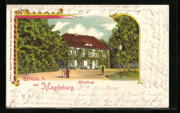 Lithographie Magdeburg, Gasthaus Herrenkrug, Spaziergänger  - Magdeburg