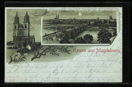Mondschein-Lithographie Magdeburg, Dom Von Der Westseite, Stadtansicht Mit Elbbrücke  - Maagdenburg