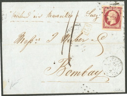 No 18a, Carmin Très Foncé Proche Du "velours", Deux Voisins, Obl Gros Points Sur Lettre De Mars 54 Pour Bombay, Jolie Pi - 1853-1860 Napoléon III.