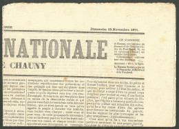 No 27 Coupé En Diagonale, Impression Typo Sur Journal Entier "La Défense Nationale - Journal De Chauny" 19 Nov 71, Très  - 1863-1870 Napoleone III Con Gli Allori