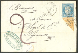 Deux émissions. Nos 43 Coupé En Diagonale + 37, Obl Gc 1567, Sur Lettre De Fourmies 5 Oct 71, Taxée "2" (pour Timbre Cou - 1870 Bordeaux Printing