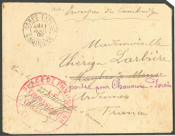 Lettre Cad "Corps Expedre/Cambodge" Août 1902 Sur Enveloppe En FM Pour La France, à Côté, Grand Cachet Rouge Du Commanda - Cambogia