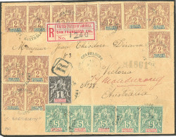 Lettre Cad Bleu "Guadeloupe/Saint Barthelemy" Mars 1901 Sur N°27 + 28 (12) + 30 Bande De Cinq, Sur Enveloppe Recomm. Pou - Altri & Non Classificati