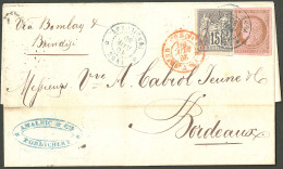 Lettre Cad Bleu "Inde/Pondichéry". CG 18 + 33 Sur Enveloppe Pour Bordeaux, 1880. - TB - R - Autres & Non Classés