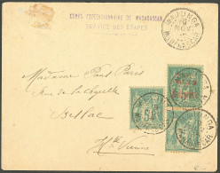 Lettre Cad "Majunga/Pondichery". No 14 + France 75 (2) Sur Enveloppe Du Corps Expéditionnaire De Madagascar Pour Bellac, - Otros & Sin Clasificación