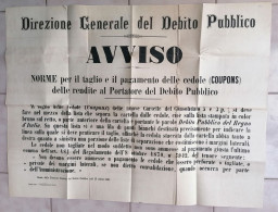 MANIFESTO AVVISO CEDOLE DIREZIONE GENERALE DEBITO PUBBLICO REGNO D'ITALIA 1881 TITOLO AZIONE BOND - Banco & Caja De Ahorros