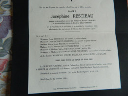 NEUFVILLES  : FAIR PART DE DECE DE JOSEPHINE RESTIAU VV PIERRE  DECROËS +LEON CANART 1888-1961 - Obituary Notices