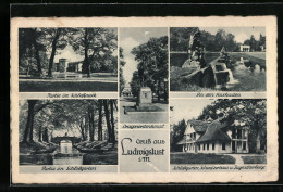 AK Ludwigslust I. M., Schlossgarten, Schweizerhaus U. Jugendherberge, Dragonerdenkmal  - Ludwigslust