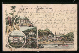 Lithographie Schandau, Hotel Zum Bad, Ortsansicht, Schlossbastei  - Bad Schandau