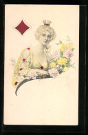 AK Karo Dame Mit Krone Und Blumen  - Cartes à Jouer