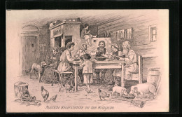 Künstler-AK Russische Bauernfamilie Beim Mittagessen, Schweine, Hühner & Hund In Der Stube  - Unclassified