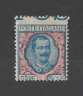 REGNO  VARIETA':  1901  VITTORIO  EMAN. III°  -  £. 5  AZZURRO  E  ROSA  T.L. -  DENTELL. SPOSTATA  -  SASS. 78/I/c - Ungebraucht