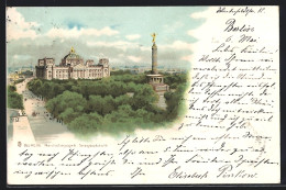 Lithographie Berlin-Tiergarten, Siegessäule Vor Dem Reichstagsgebäude  - Dierentuin