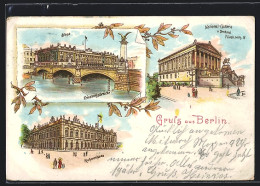 Lithographie Berlin, Nationalgalerie, Ruhmeshalle, Friedrichsbrücke, Blumenornament  - Mitte