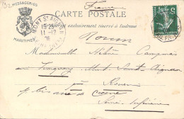Cachet Hexago Paquebot France N°8 Ligne N Sur Carte Messageries Maritimes De Colombo Sri Lanka 1908 - Posta Marittima