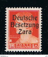 ZARA - OCCUPAZIONE  TEDESCA:  1943  SOPRASTAMPATO  -  £. 1,75  ARANCIO  L. -  SIGLA  L. MANCINI  -  SASS. 11 - German Occ.: Zara