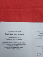 Doodsprentje Adolf Van Den Broeck / Hamme 20/8/1918 - 4/1/2003 ( Celestina Van Goethem ) - Godsdienst & Esoterisme