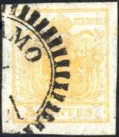 O 1850, 5 Cent. Giallo Ocra I°tipo, Usato, Splendido, Certificato Weißenbichler, Sass. 1 / 250 - Lombardo-Veneto