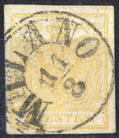O 1850, 5 Cent. Giallo Ocra, Usato, Cert. Steiner (Sass. 1) - Lombardo-Veneto
