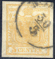 O 1850, 5 Cent. Giallo Ocra, Usato, Cert. Strakosch (Sass. 1) - Lombardo-Veneto
