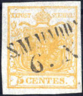 O 1850, 5 Cent. Giallo Arancio I°tipo, Usato, Splendido, Certificato Weißenbichler, Sass. 1g / 275,- - Lombardo-Vénétie