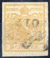 O 1850, 5 Cent. Giallo Arancio, Usato, Cert. Strakosch (Sass. 1g) - Lombardy-Venetia