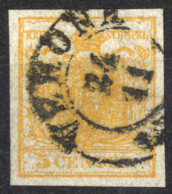 O 1850, 5 Cent. Arancio, Cert. Goller (Sass. 1h) - Lombardo-Veneto