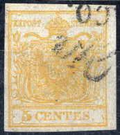 O 1850, 5 Cent. Arancio, Usato, Cert. Strakosch (Sass. 1h) - Lombardo-Veneto