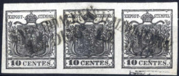 O 1850, 10 Cent. Nero, Tipo I Carta A Mano, Striscia Orizzontale Di Tre, Con Spazio Tipografico Orizzontale Inferiore Su - Lombardije-Venetië