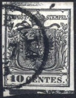 O 1850, 10 Cent. Nero Carta A Mano Con Spazio Tipografico In Alto Ed In Basso, Cert. Enzo Diena, Sass. 2g - Lombardo-Vénétie